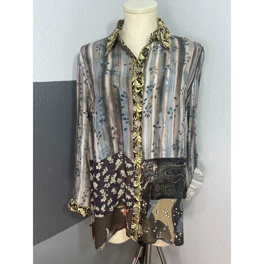 John Mark PM Mixed Print Patchwork Tunic Roll Tab Button Down Blouse Bird Artsy